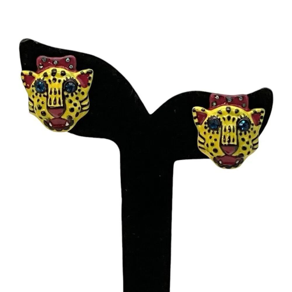 NWT Betsey Johnson Enamel Cheetah Rhinestone Post Stud Back Earrings 1in